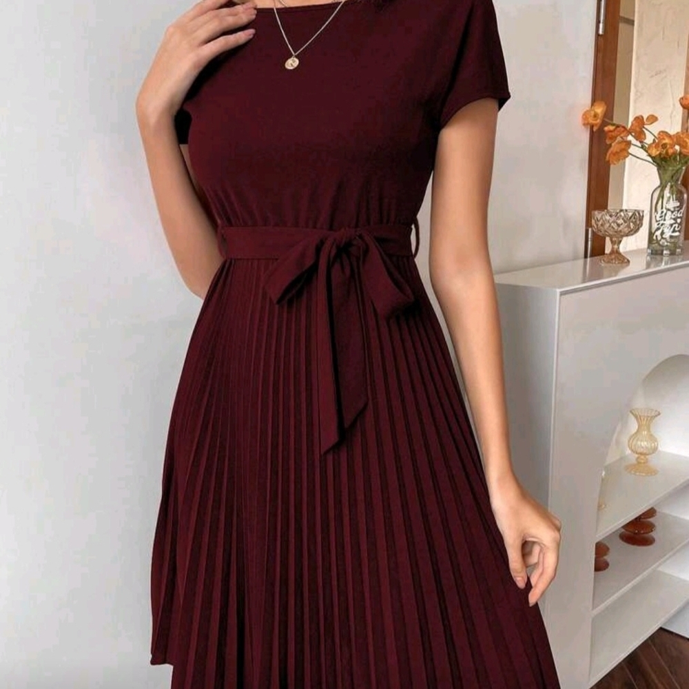 SHEIN Burgundy Midi Dress with Waist Tie